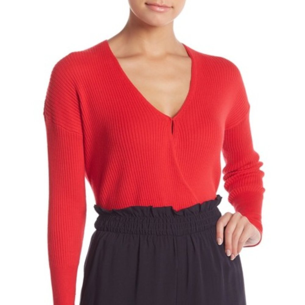Elodie Ribbed Wrap Sweater Long Sleeves Red Medium